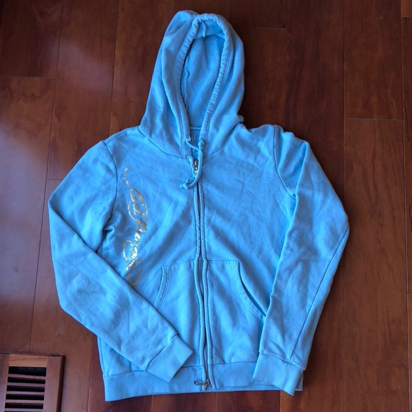 Ed Hardy Tops - ED HARDY LOVE KILLS SLOWLY LIGHT BLUE HOODIE. SZ M